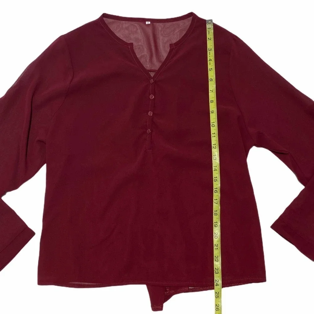 V-NECK Sheer Red Henley Button Blouse Size XXL - Picture 9 of 10